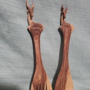 African Carved Wood Gazelle Salad Serving Set